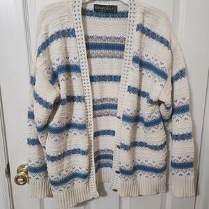 Bushwacker Cream and Blue Striped Cardigan Size Large